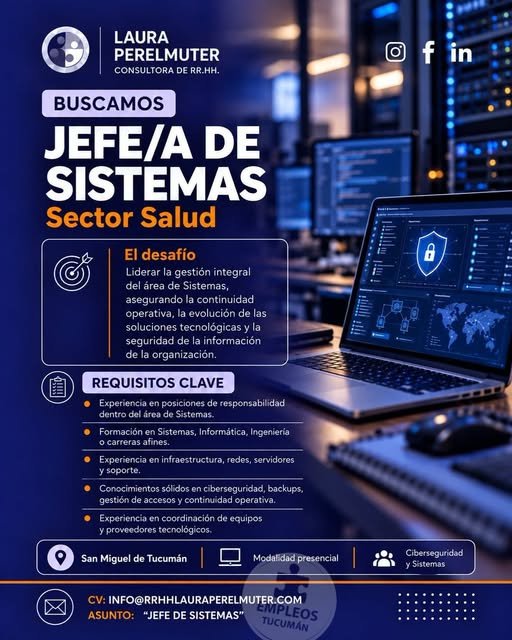 Jefe de Sistemas, quien tendrá a su cargo la gestión integral del área tecnológica de la organización.